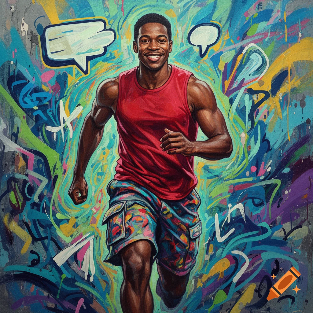 A smiling Black man in a red tank top and colorful shorts runs against a vibrant, abstract graffiti art background.