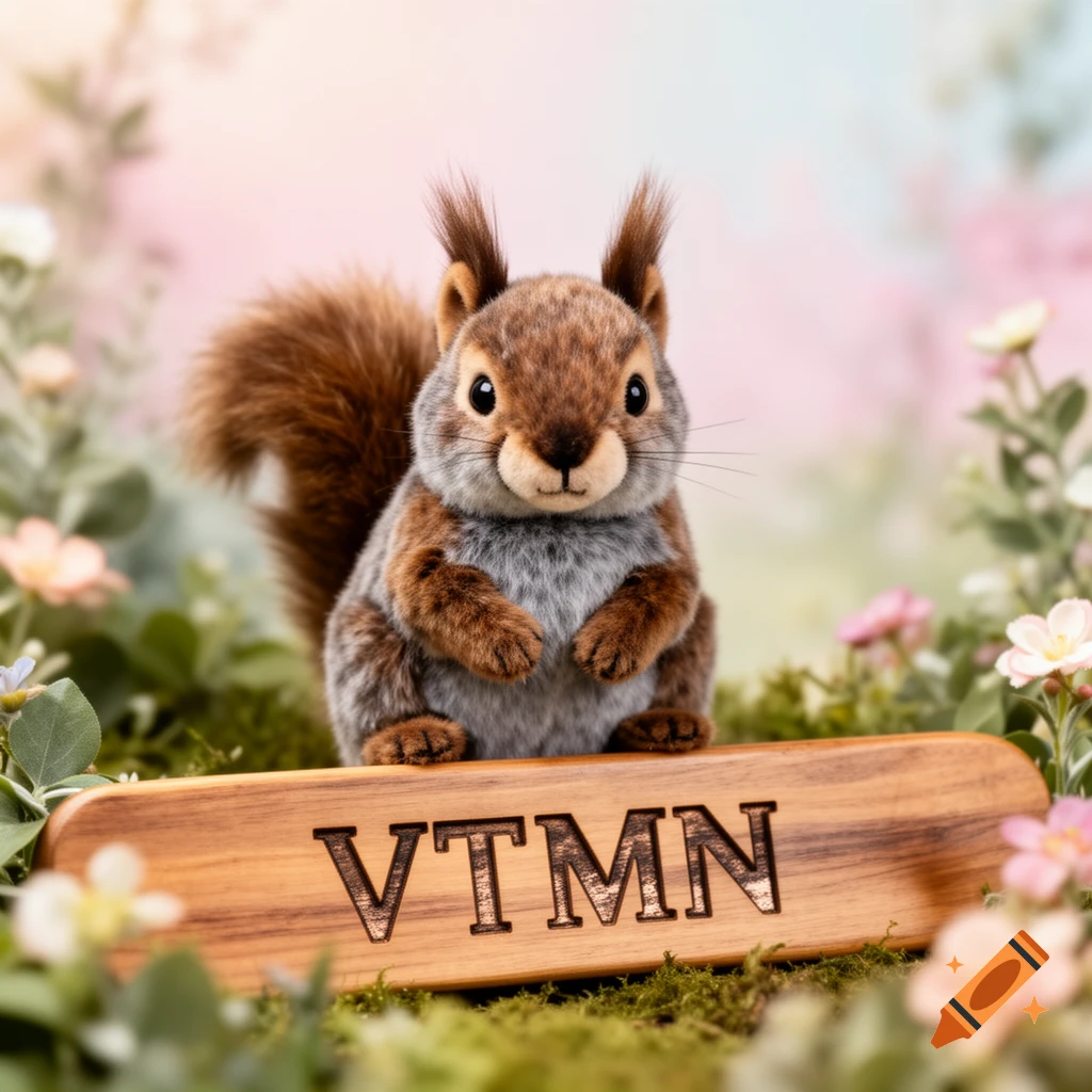 A photorealistic image of a cute squirrel cuddly toy standing on a wooden plank with 'VTMN' engraved, in a soft-focus garden.