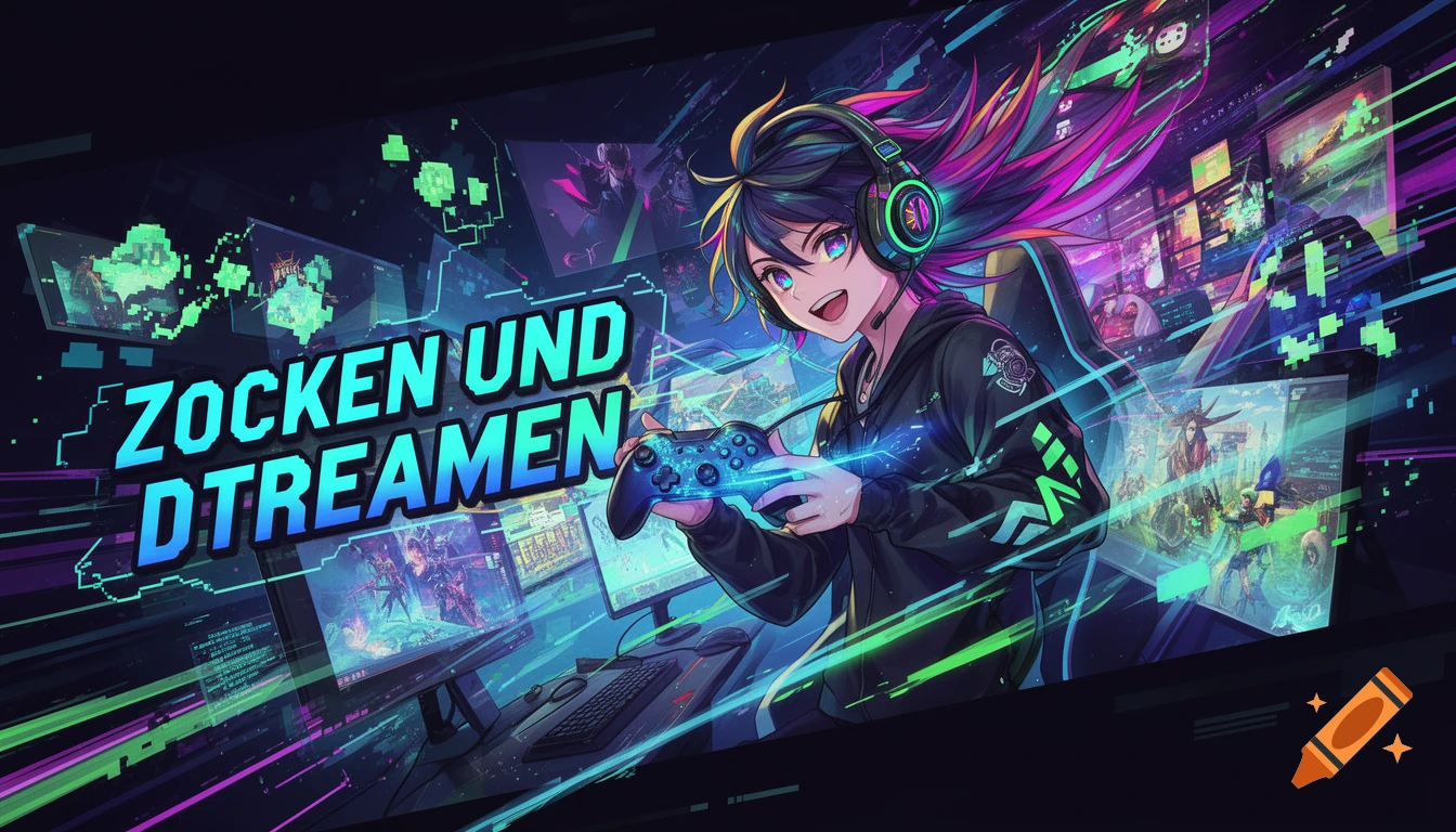 An anime girl with neon hair and headphones plays a video game, holding a controller in a futuristic, glitch-art streaming setup with glowing screens and text "ZOCKEN UND DTREAMEN".
