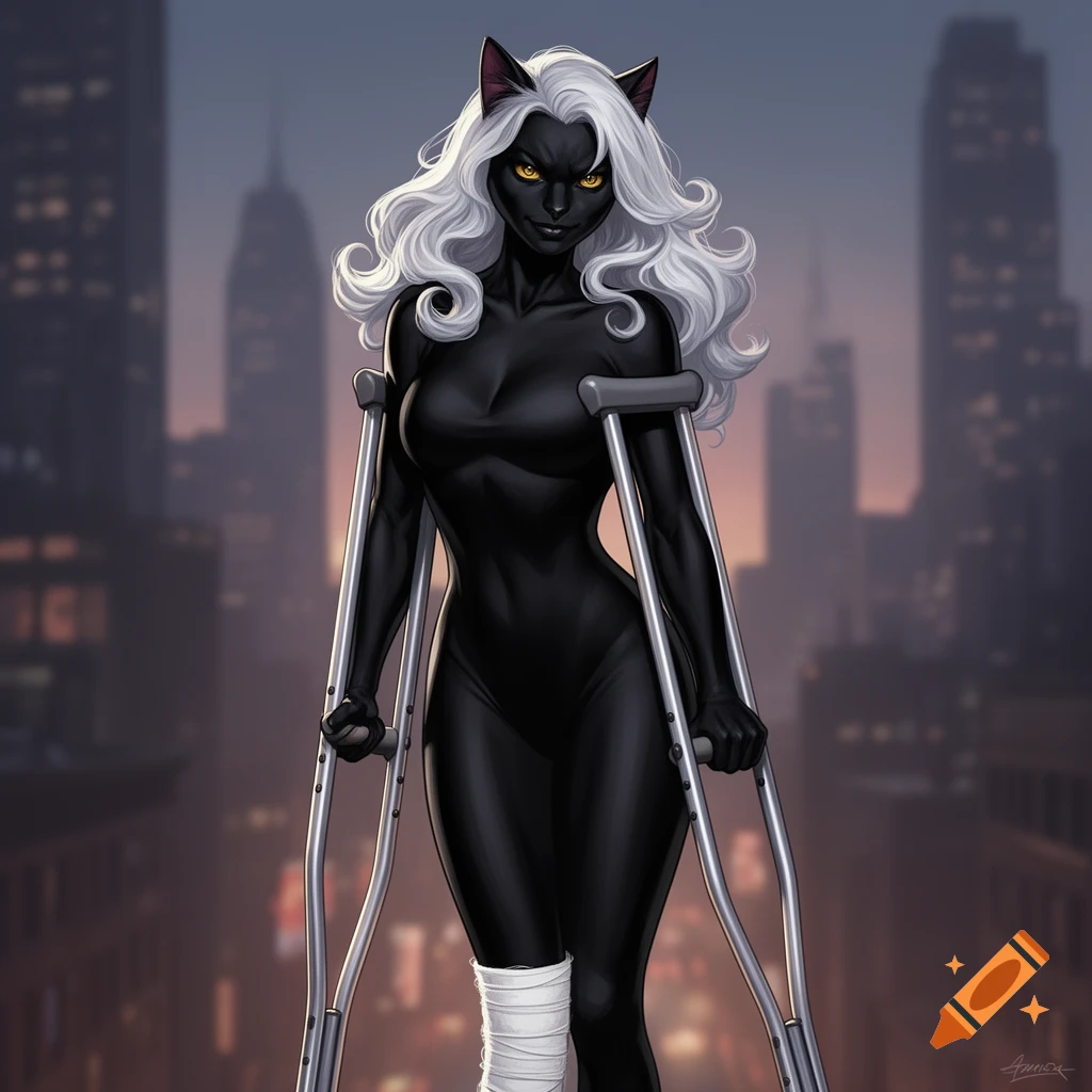 Black Cat, a feline woman in a black suit with white hair, stands on crutches with a bandaged ankle against a city backdrop in comic art style.