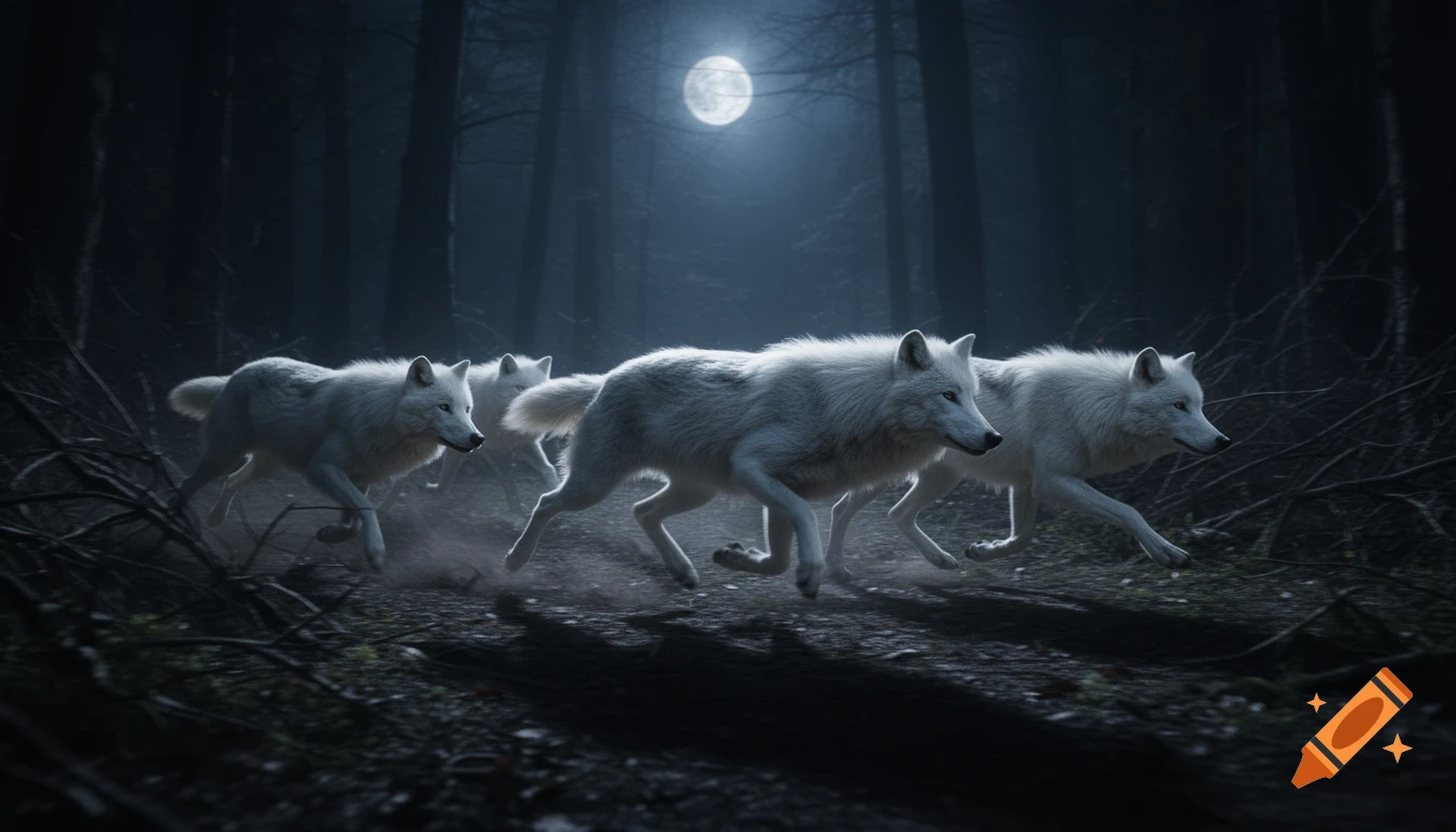 Five white wolves run through a dark forest under a full moon, photorealistic.