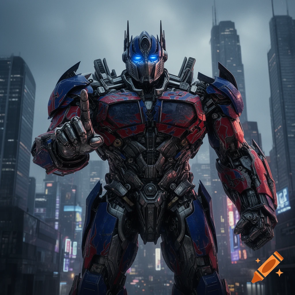 A detailed Optimus Prime robot stands in a city, pointing forward with glowing blue eyes in a photorealistic style.
