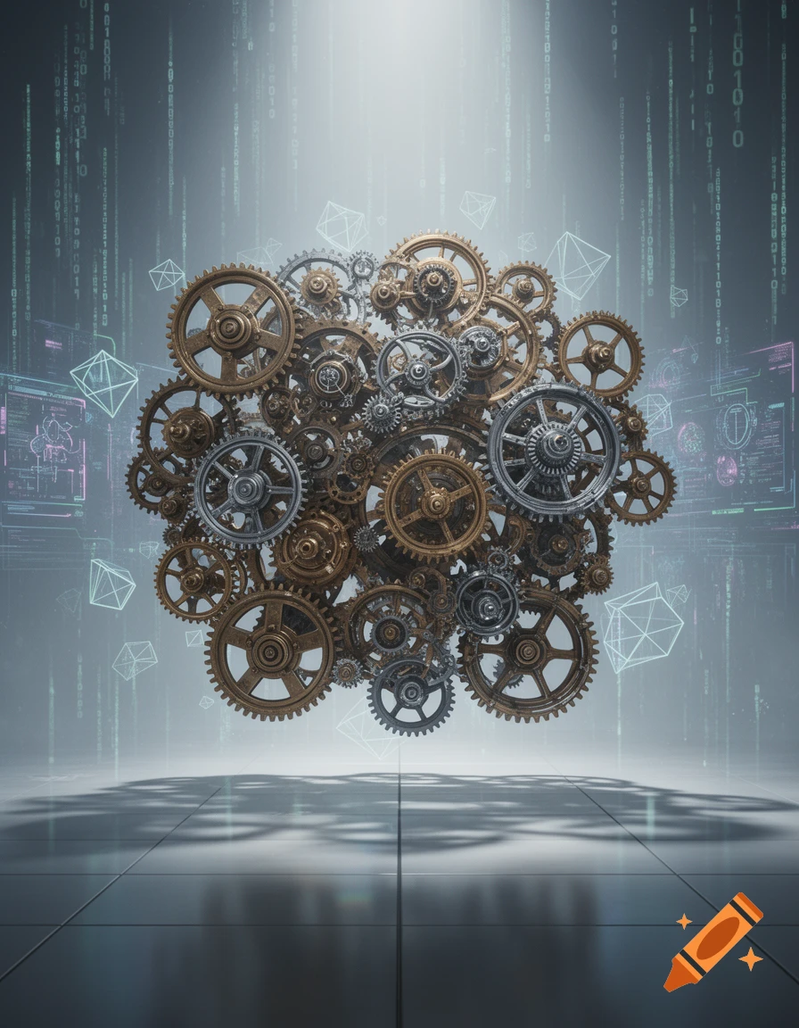 A cluster of bronze and silver gears floats above a reflective floor with falling binary code and holographic displays in a futuristic setting.