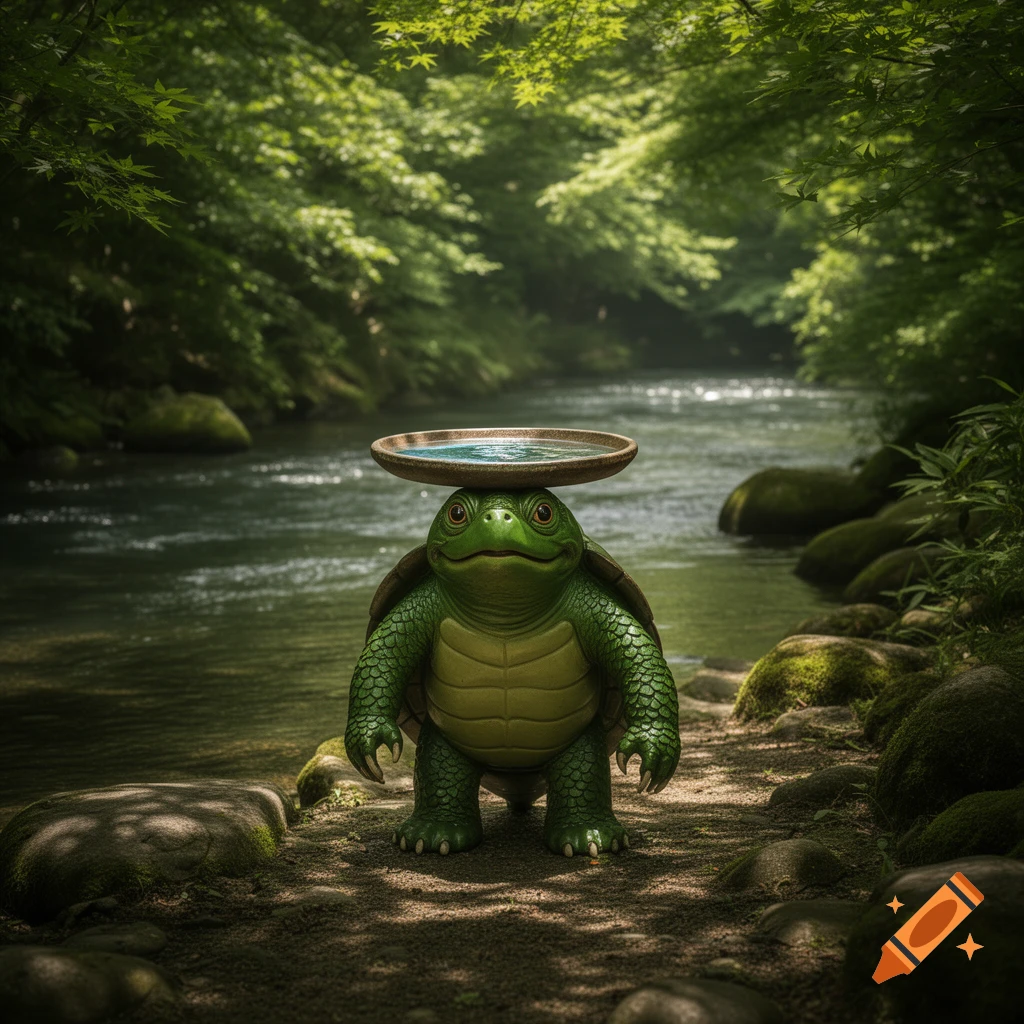 A stylized green kappa stands on a dirt path next to a river in a lush forest, balancing a bowl of water on its head.
