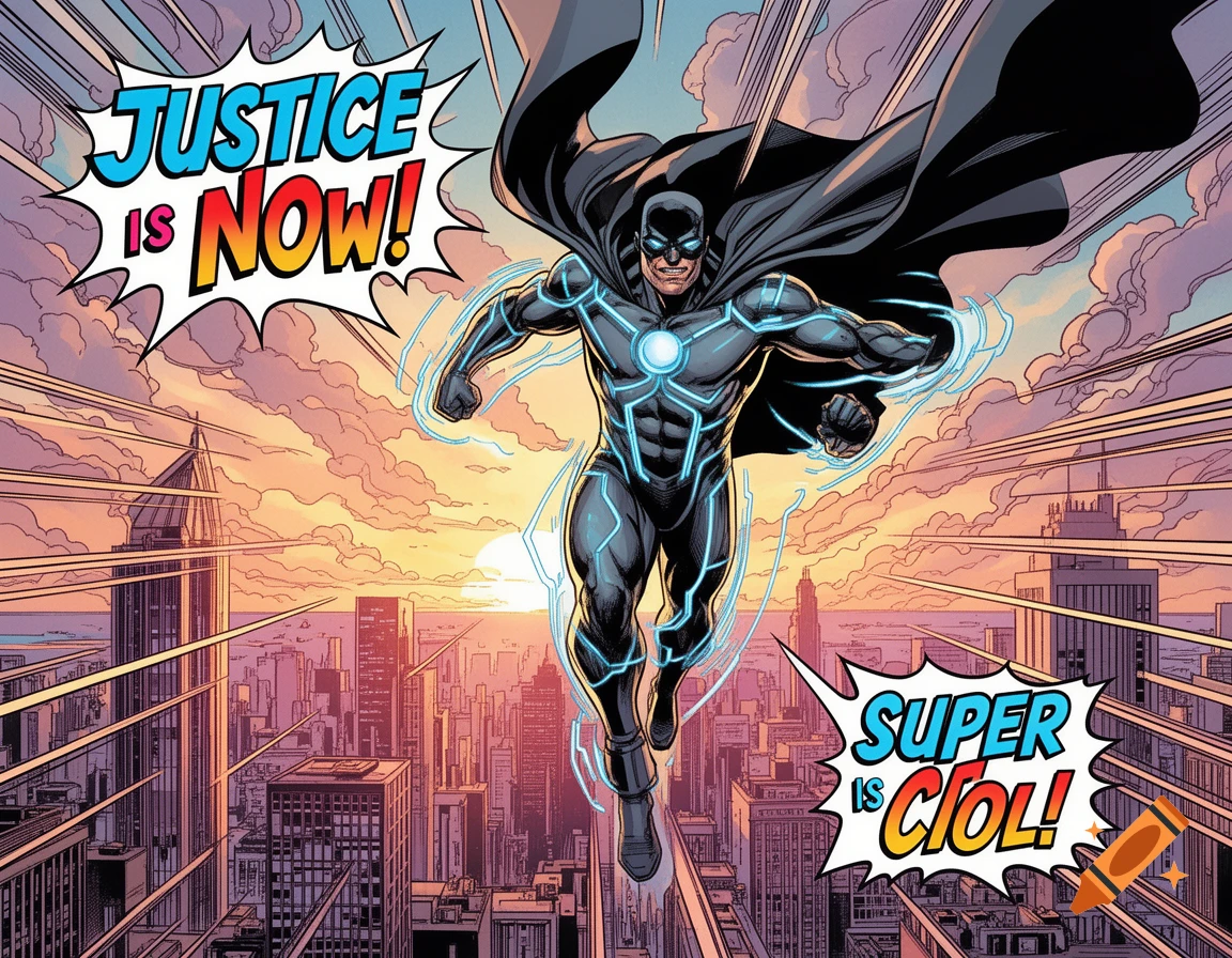 A comic book style image of a superhero in a black and blue suit and cape flying over a city at sunset, with speed lines and two speech bubbles that read "JUSTICE IS NOW!" and "SUPER IS CIOL!"