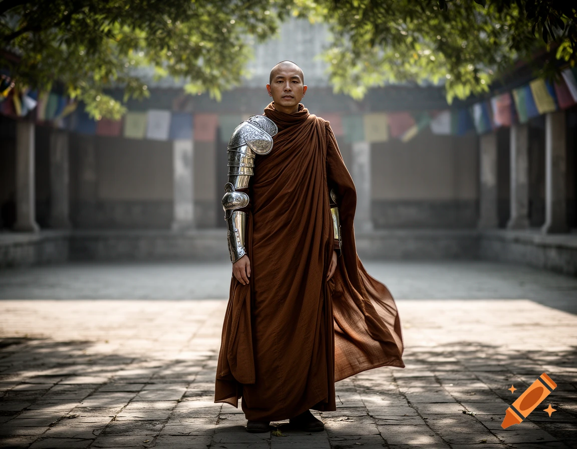A bald monk in a brown robe stands in a sun-dappled courtyard, wearing ornate silver armor on his left arm, with colorful prayer flags in the background.