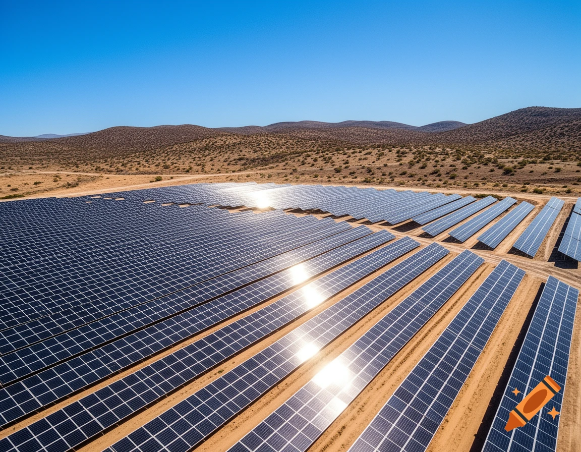 Photorealistic aerial view of a vast solar farm in a desert, with rows of panels reflecting sunlight under a clear blue sky.