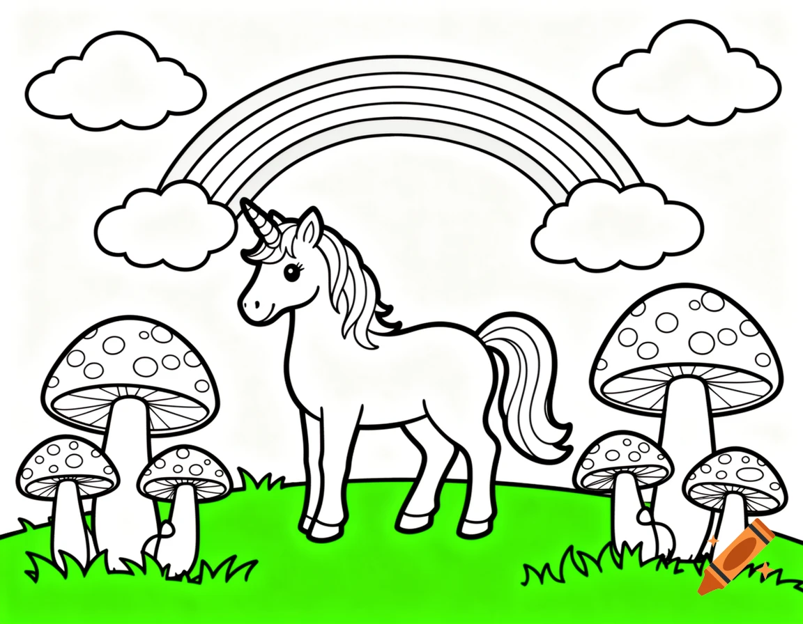 Black outline coloring page of a cute unicorn on green grass with mushrooms, clouds, and a rainbow.
