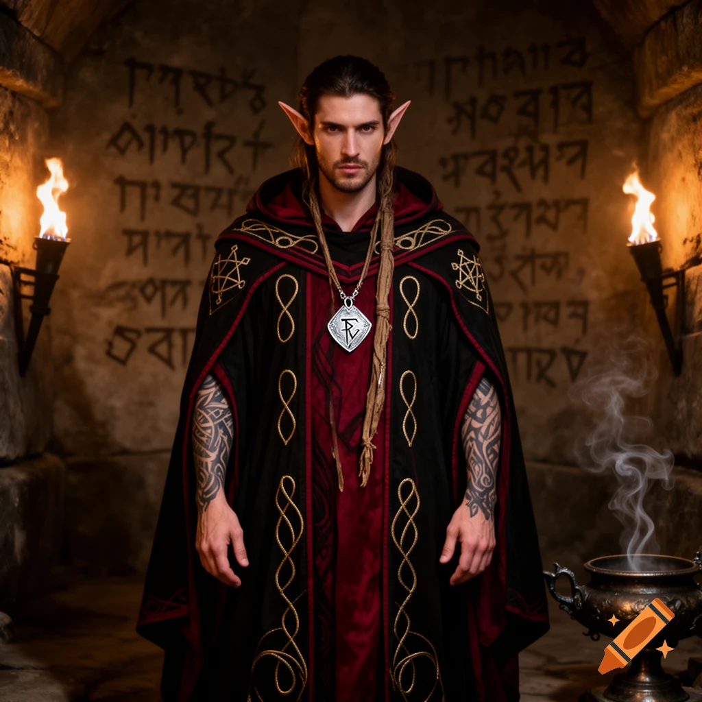 A serious-looking male half-elf cultist with long hair and pointed ears, wearing a black and red ornate robe and a pendant, stands in a torch-lit stone chamber with ancient script on the walls.