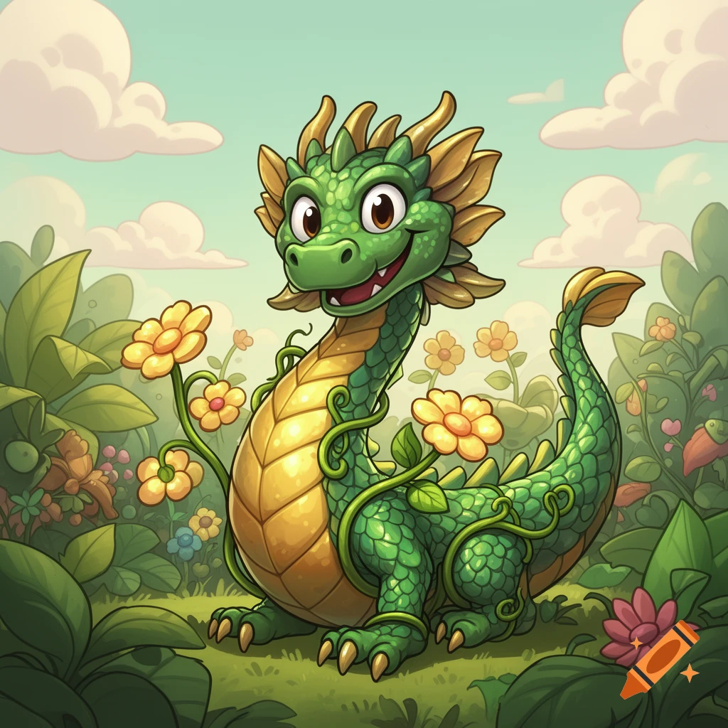 A cute green and gold cartoon dragon with large eyes sits happily in a lush garden filled with yellow and pink flowers.