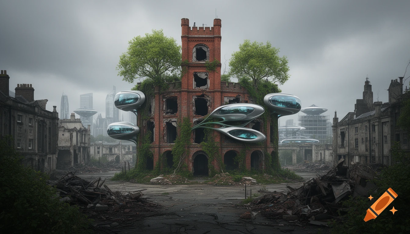 A ruined red brick prison building overgrown with vines, futuristic pods attached, amidst dilapidated city ruins with a misty sci-fi skyline.