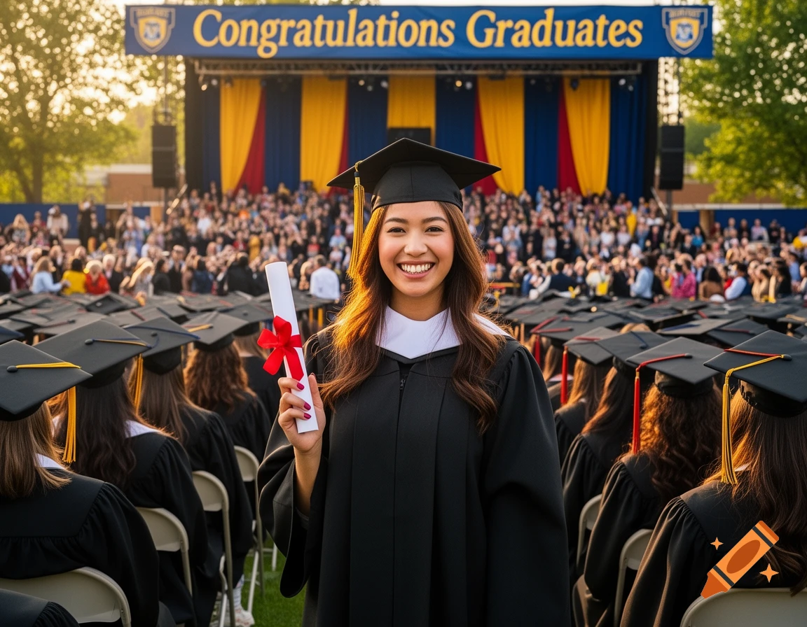 A smiling female graduate in cap and gown holds a diploma at an outdoor graduation ceremony with a crowd and banner.