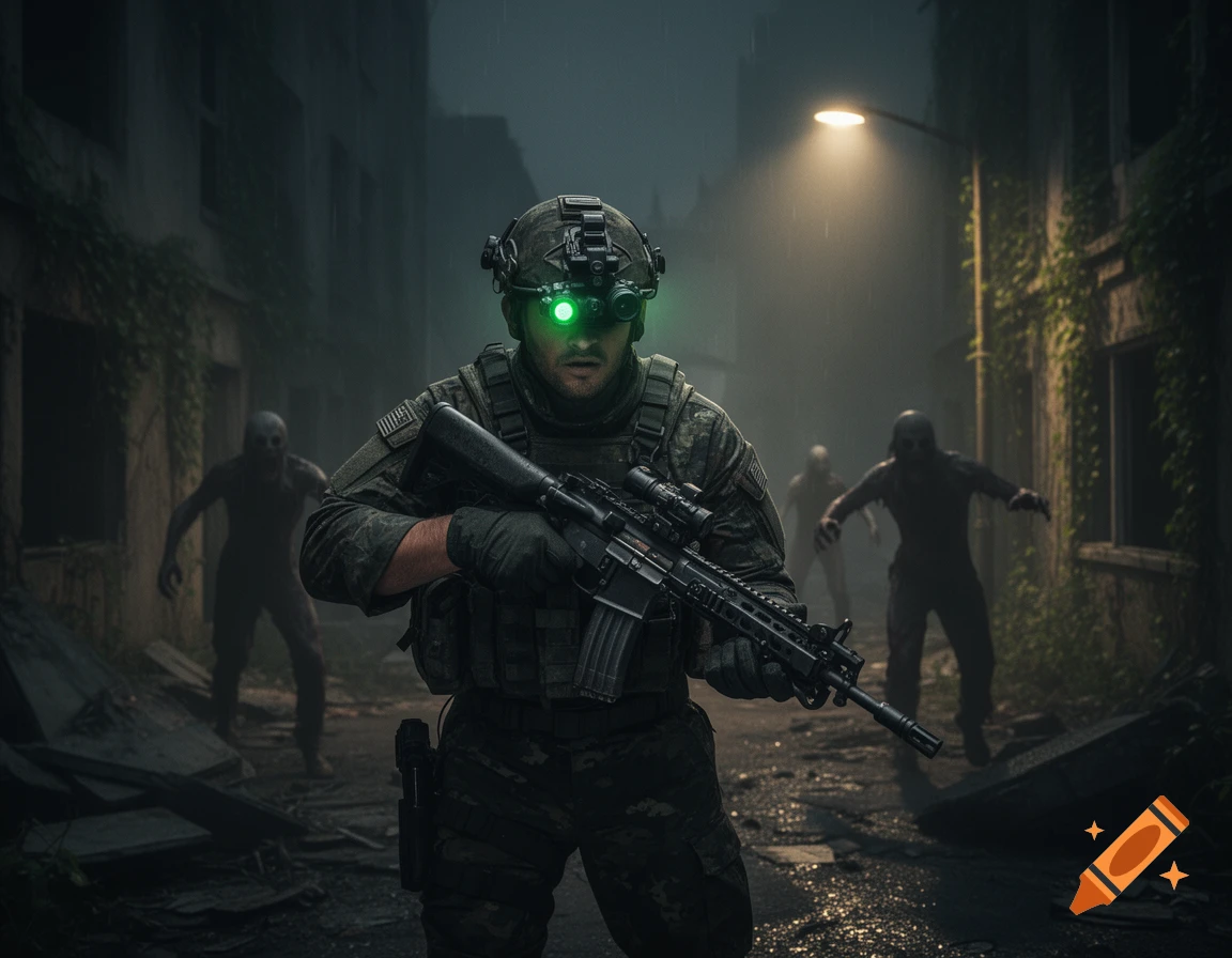 A soldier with green night vision goggles aims a rifle in a dark, rainy, post-apocalyptic street with zombies approaching in the background.