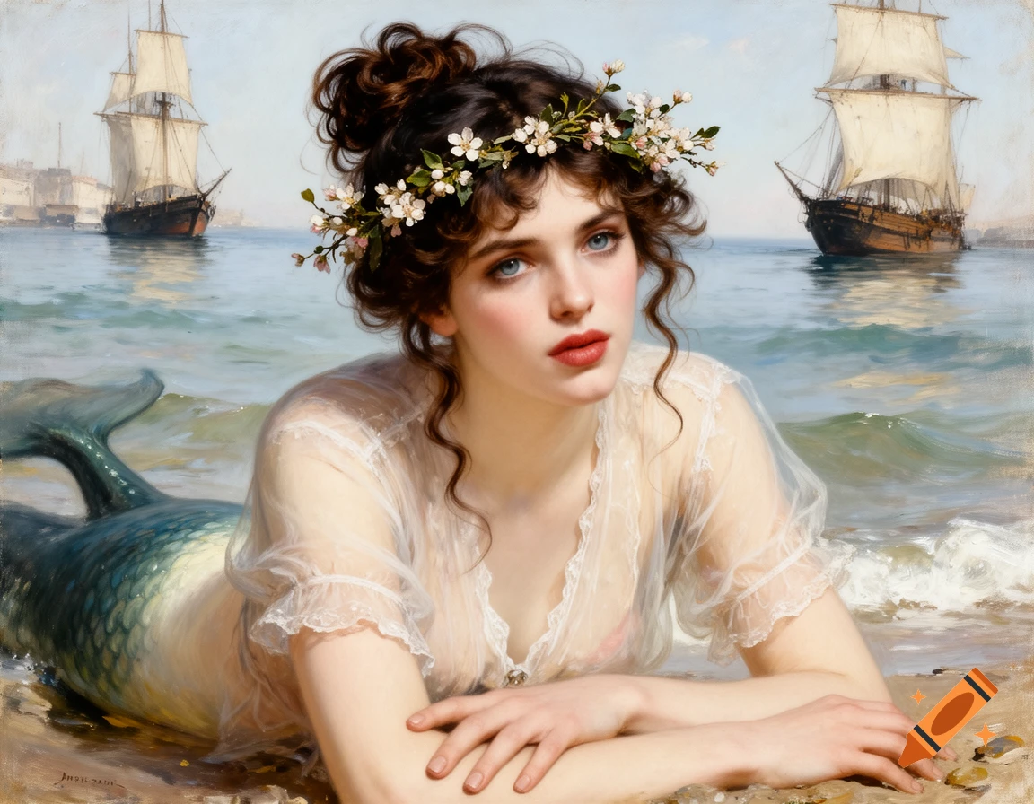 Oil painting of a mermaid with a floral wreath on her head, lying on a sandy beach with sailing ships in the background.