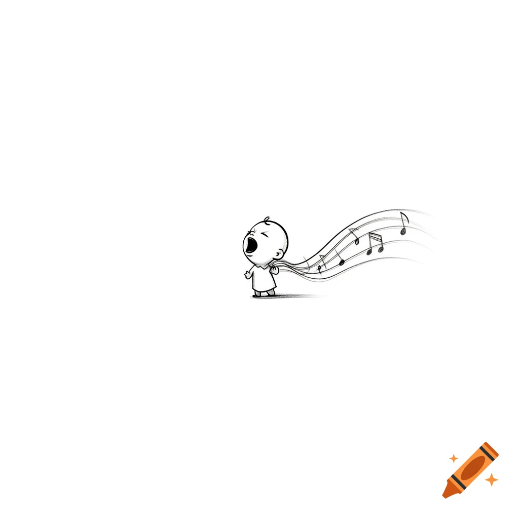 A minimalist line art drawing of a small, round-headed cartoon character singing with musical notes flowing from its open mouth.