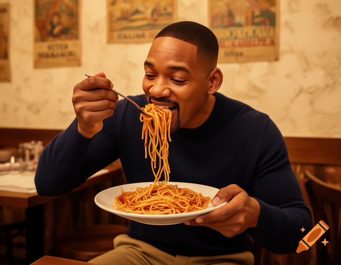 Photorealistic image of Will Smith happily eating spaghetti from a fork in a restaurant.