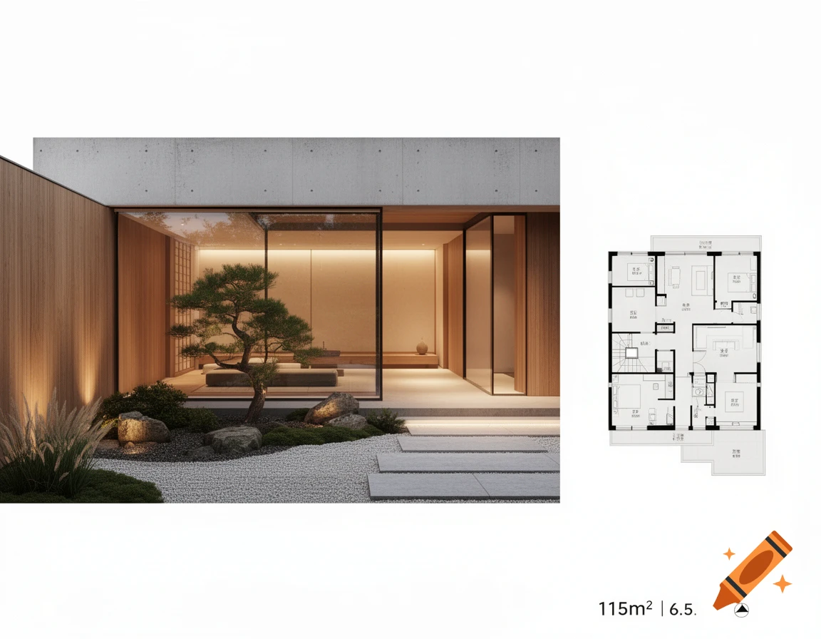 Modern Japanese-style house with a zen garden, large glass walls, and a separate floor plan diagram. Realistic architectural rendering.