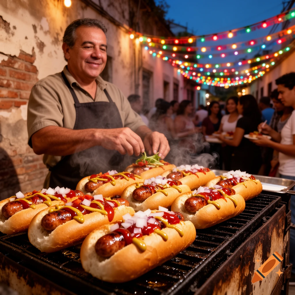 A smiling man cooks hot dogs on a grill, topping them with ketchup, mustard, and onions at a vibrant street fair.
