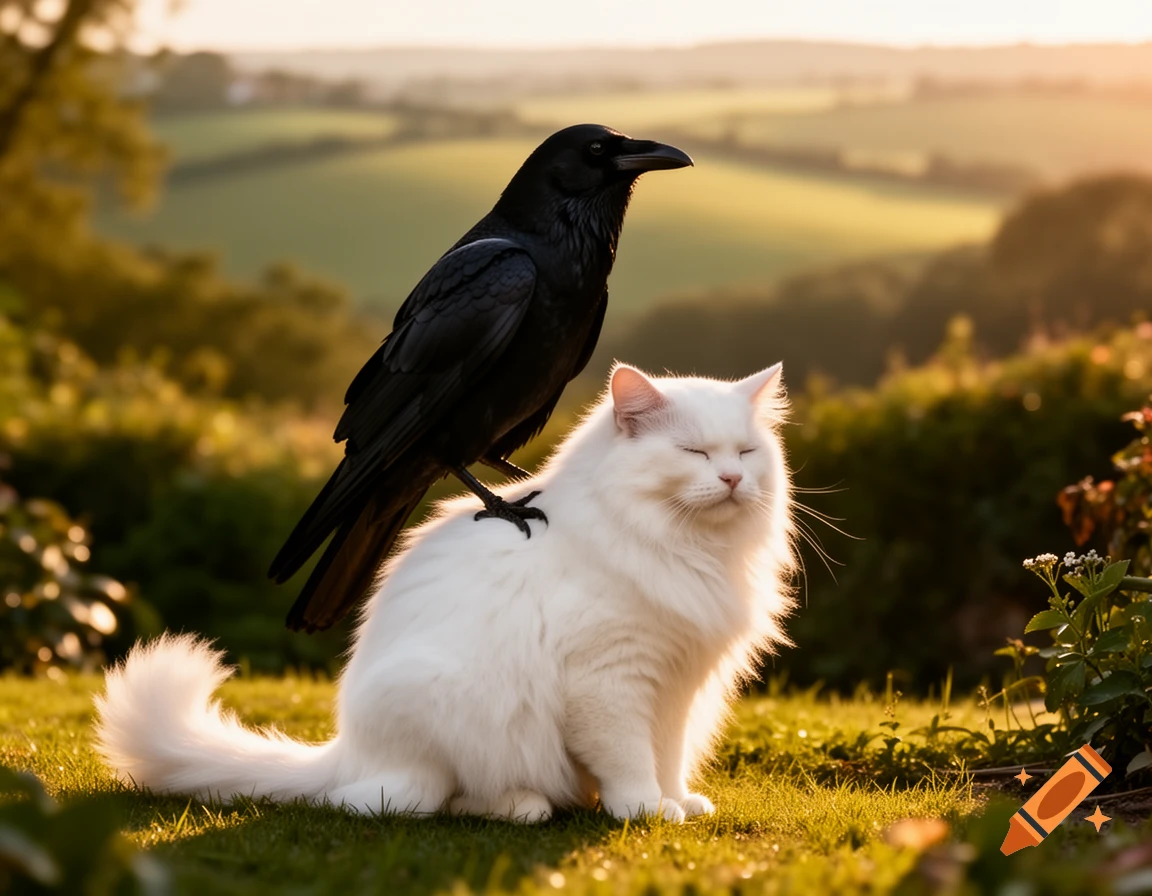 A black crow perches on the back of a fluffy white cat sitting in a sunlit grassy field with rolling hills.