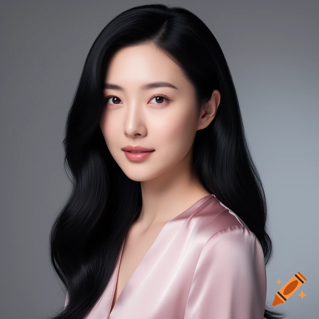 Photorealistic portrait of a young woman with long black hair, fair skin, and a pink satin top, smiling gently.