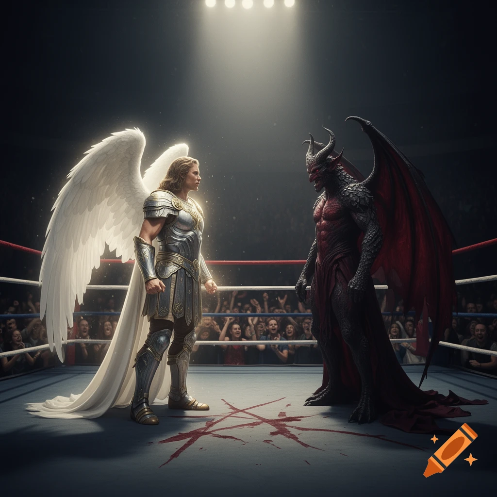 An angel in shining armor with large white wings faces a horned demon with red wings in a brightly lit boxing ring.