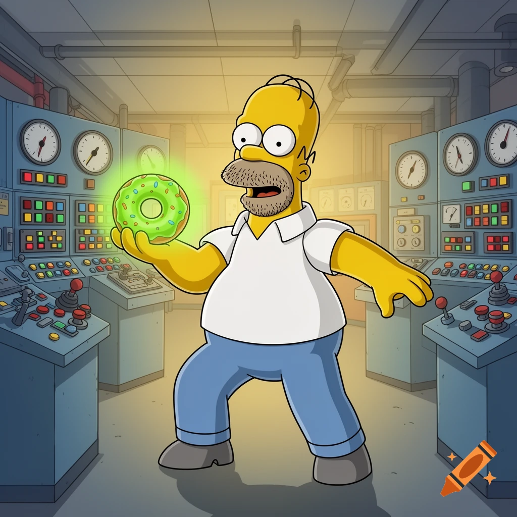 Homer Simpson with a beard holds a glowing green donut in a nuclear power plant control room, in a cartoon style.