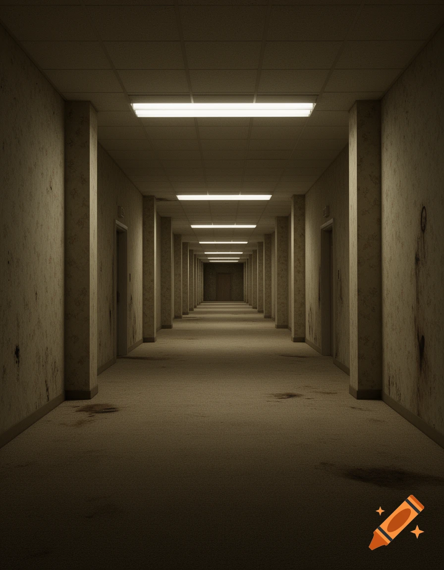 A long, dark, and dirty carpeted hallway with many fluorescent lights leading into the distance, evoking an eerie liminal space.