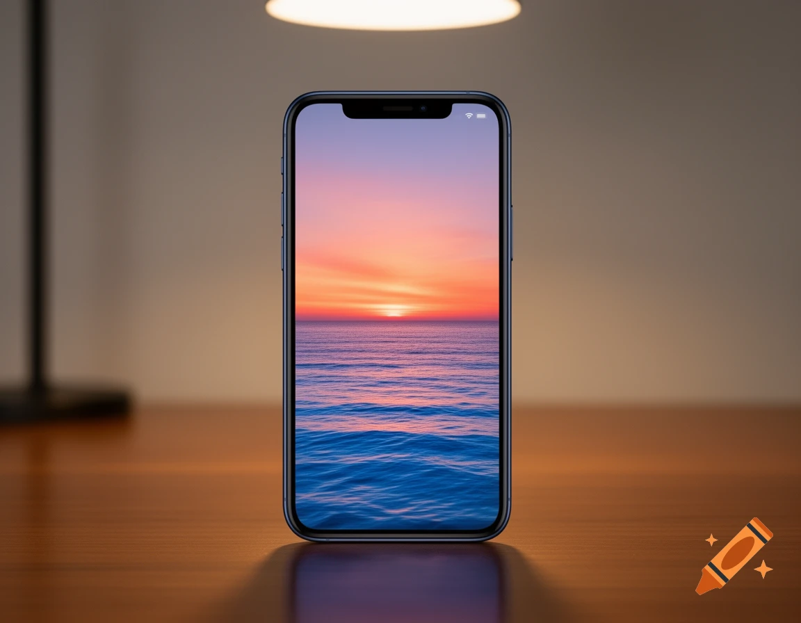 Photorealistic image of an iPhone displaying a vibrant sunset over the ocean, sitting on a wooden table.