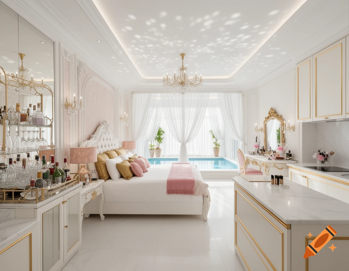 Luxurious white, gold, and pink bedroom with a large bed, indoor pool, bar, vanity, and kitchen area, under a sparkling ceiling.