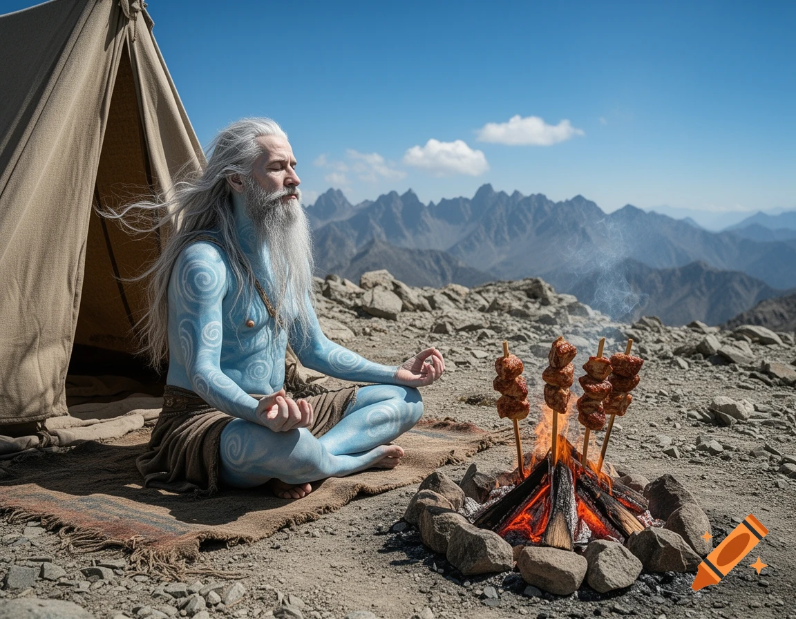 A blue-skinned man with a long white beard meditates by a campfire with meat skewers outside a tent in a rocky mountain landscape.