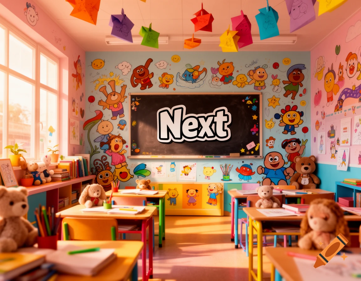 Cartoon classroom with a blackboard displaying 'Next', decorated with colorful drawings and teddy bears.