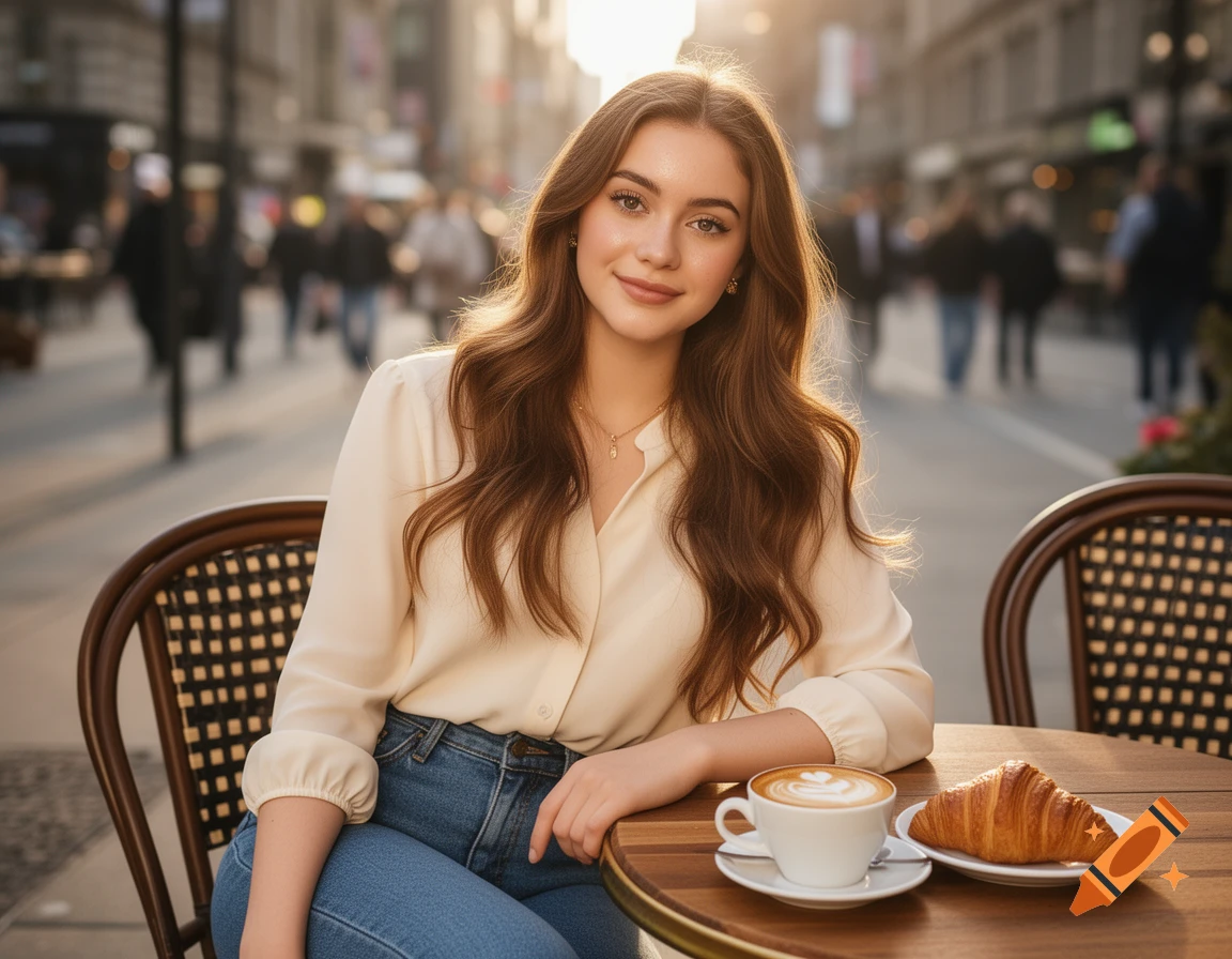 A young woman smiling while sitting at an outdoor cafe table with a latte and a croissant in a warm light.