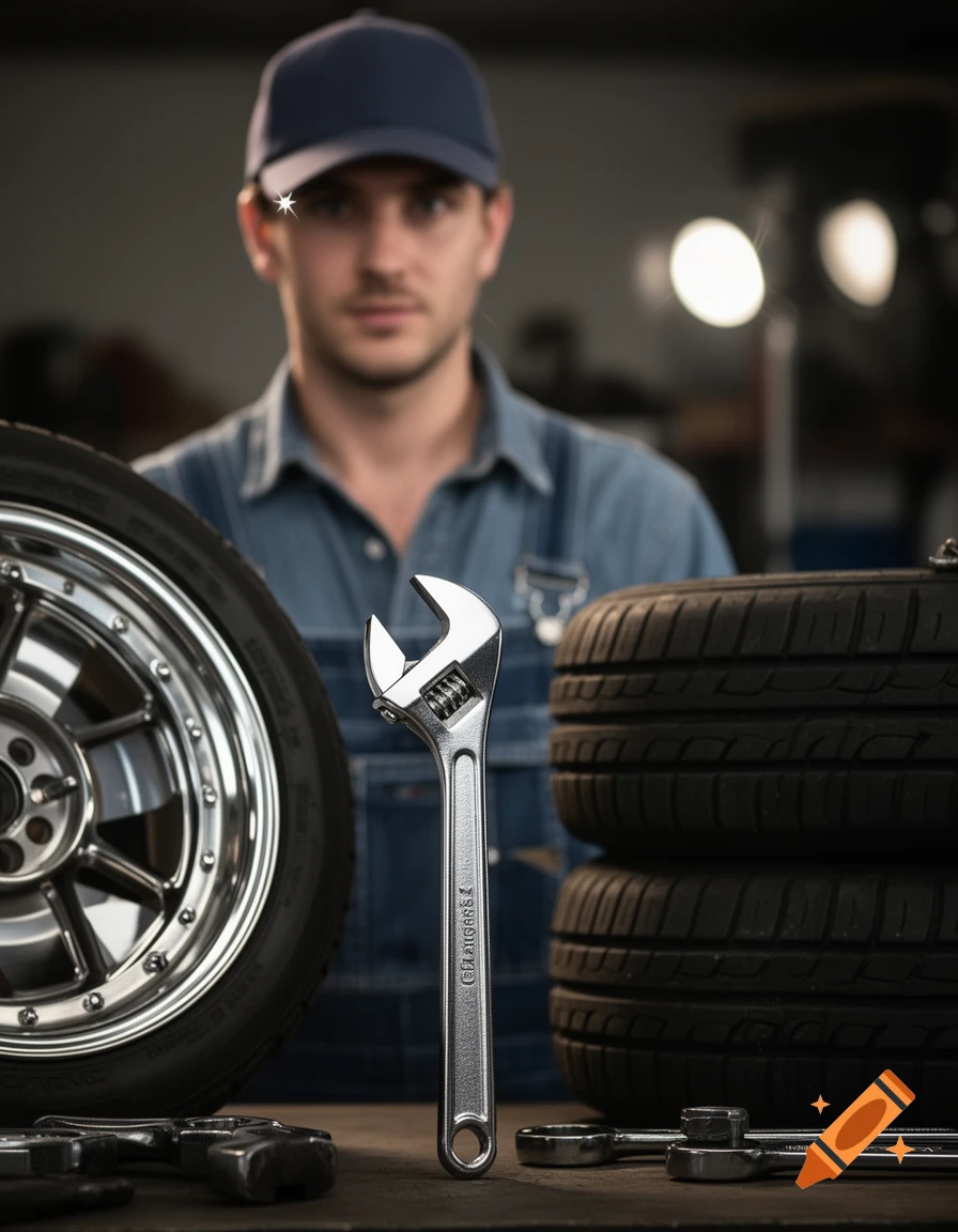 Photorealistic image of a mechanic in a garage with car tires and various tools, including a large wrench in the foreground.