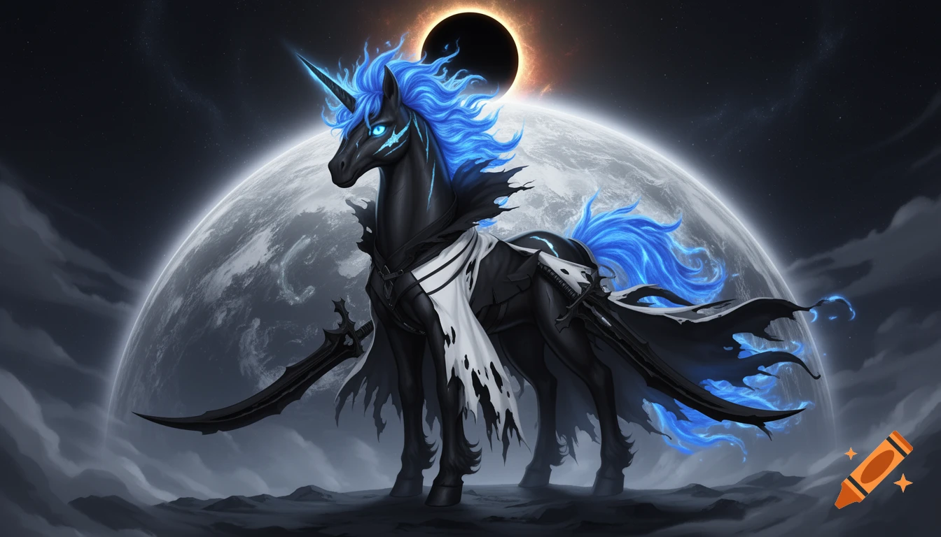 An obsidian-black alicorn warrior with glowing blue mane stands on a desolate landscape, against a large moon and solar eclipse.