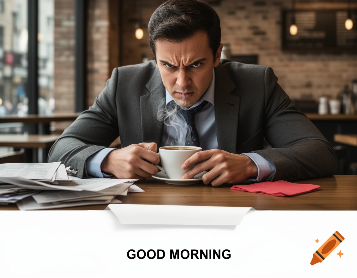 An angry man in a suit glares intensely, holding a steaming coffee cup at a cafe table, with 'GOOD MORNING' text.