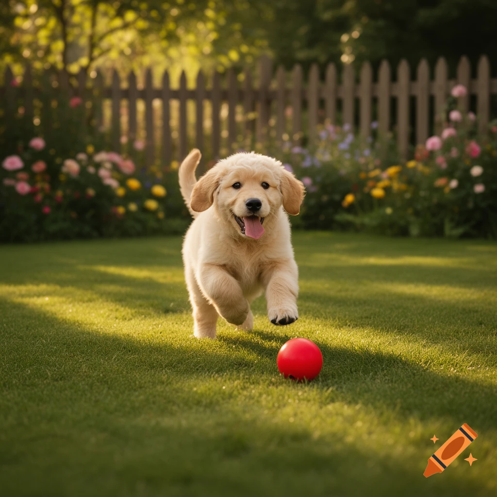 A happy golden retriever puppy bounds across a sunny green lawn towards a red ball in a flower-filled garden.