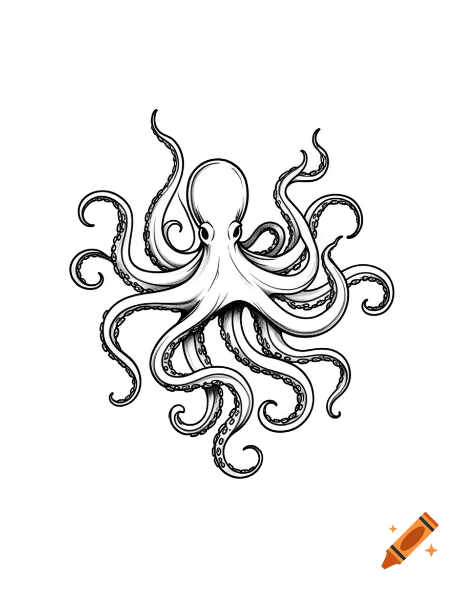 A black and white line art illustration of an octopus in a comic tattoo style.
