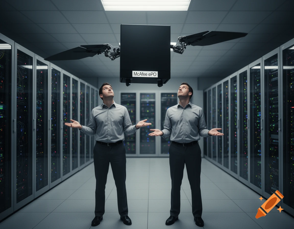 Two puzzled sysadmins in a server room look up at a black flying box with wings and a 'McAfee ePO' label, hands up.
