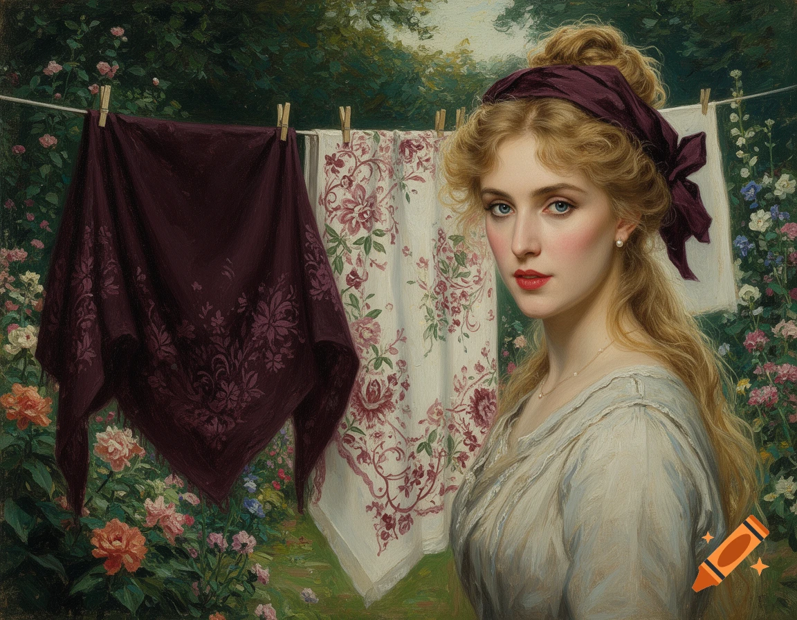 A classical oil painting of an Edwardian woman with blonde hair and a burgundy headscarf, standing in a flower garden with laundry on a line.