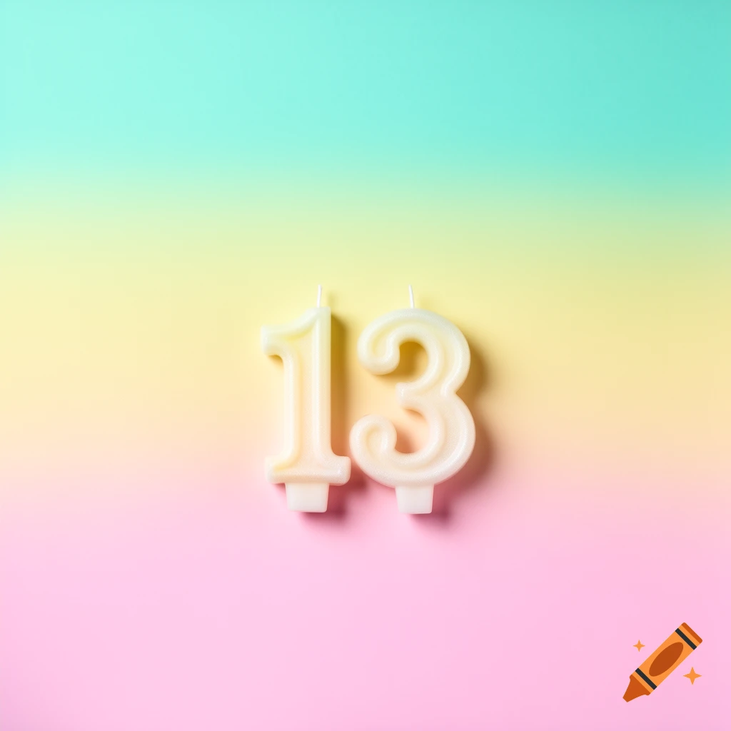 Cream-colored birthday candles forming the number 13, centered on a pastel gradient background of turquoise, yellow, and pink.