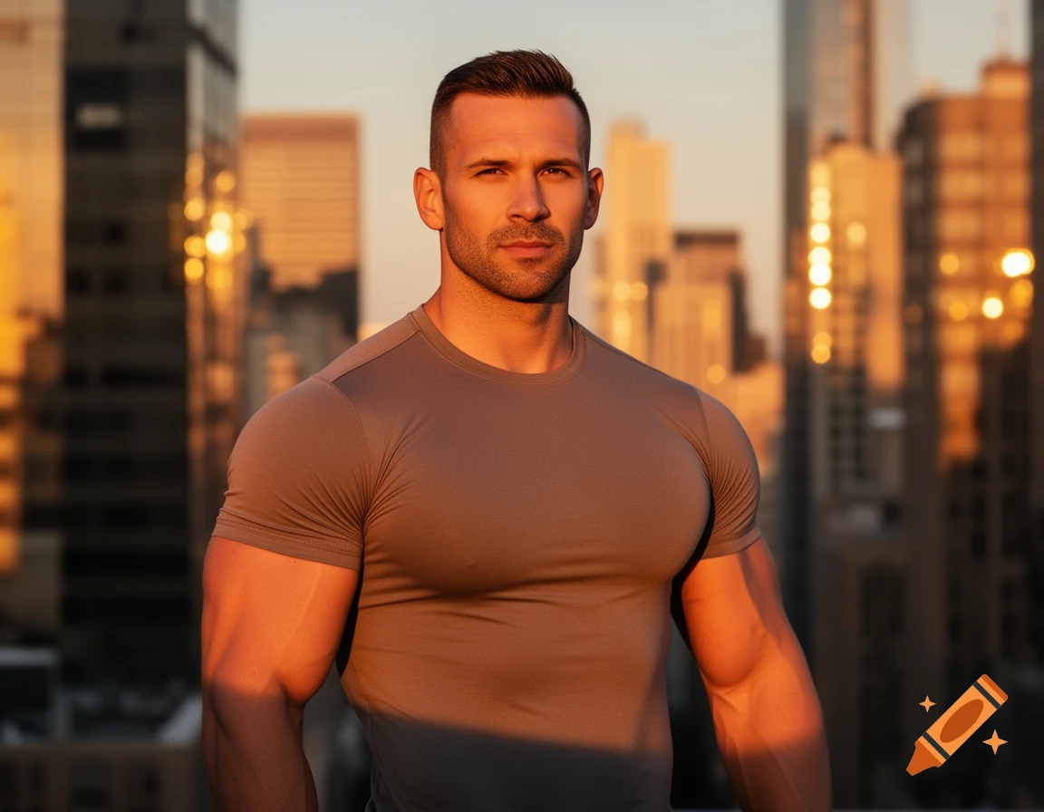 A muscular man in a grey t-shirt stands in front of a golden cityscape at sunset, looking forward.
