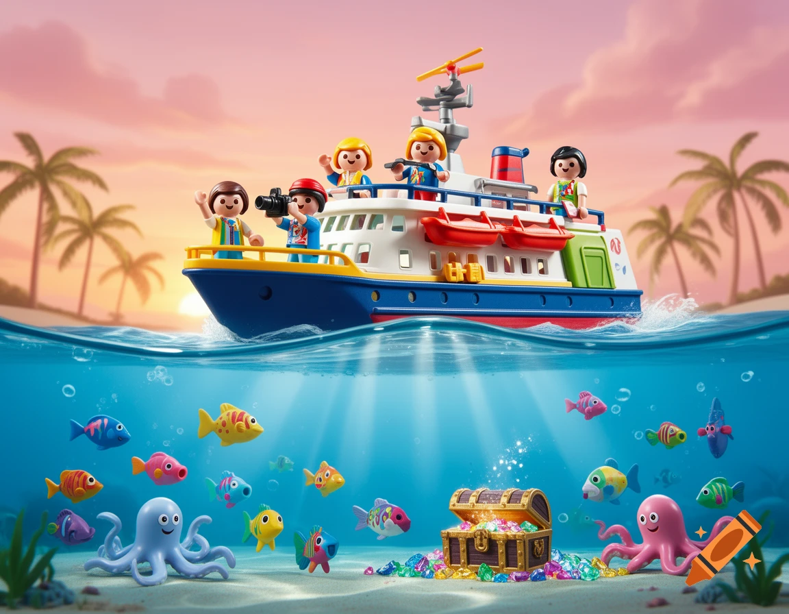 A Playmobil-style toy cruise ship with figures sails on the ocean. Underwater, colorful fish, an octopus, and a treasure chest.