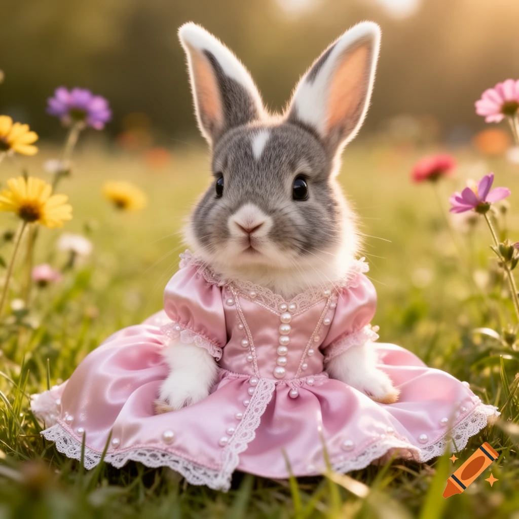 A fluffy gray and white bunny wearing a pink pearl-embellished princess dress sits in a vibrant green field with colorful flowers, photorealistic.