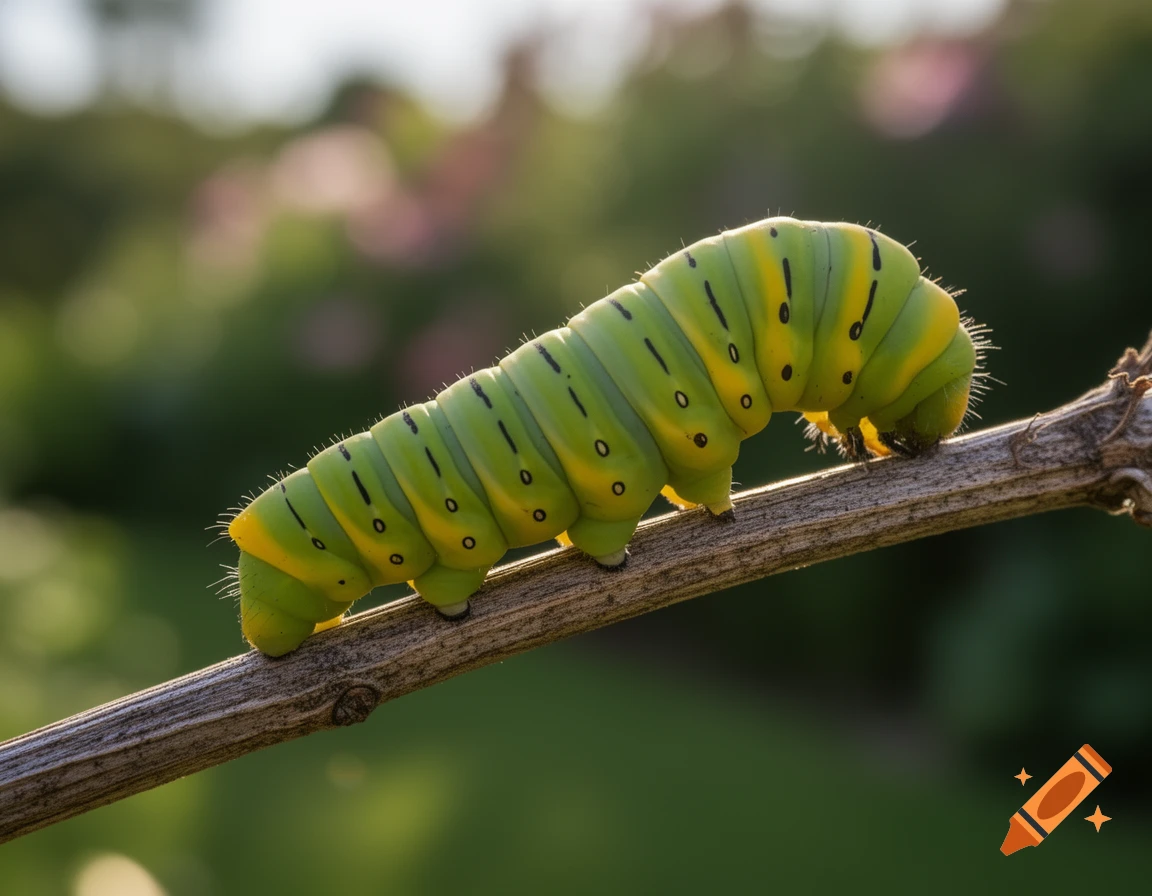 A green and yellow caterpillar with black markings crawls on a brown branch, macro photography.
