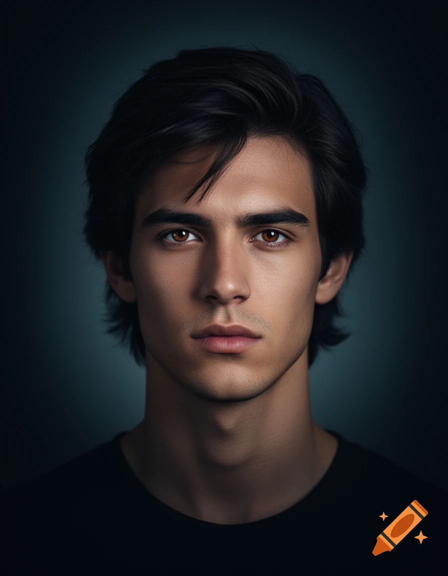 Photorealistic cinematic bust portrait of a young dark-haired man with intense brown eyes and a calm, mysterious expression under Rembrandt lighting.