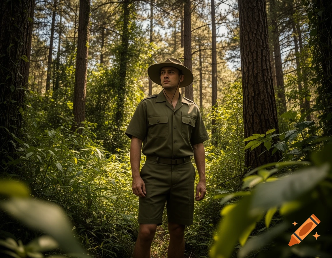 A man in a safari suit and hat stands looking up in a sunny, dense forest. Photorealistic.
