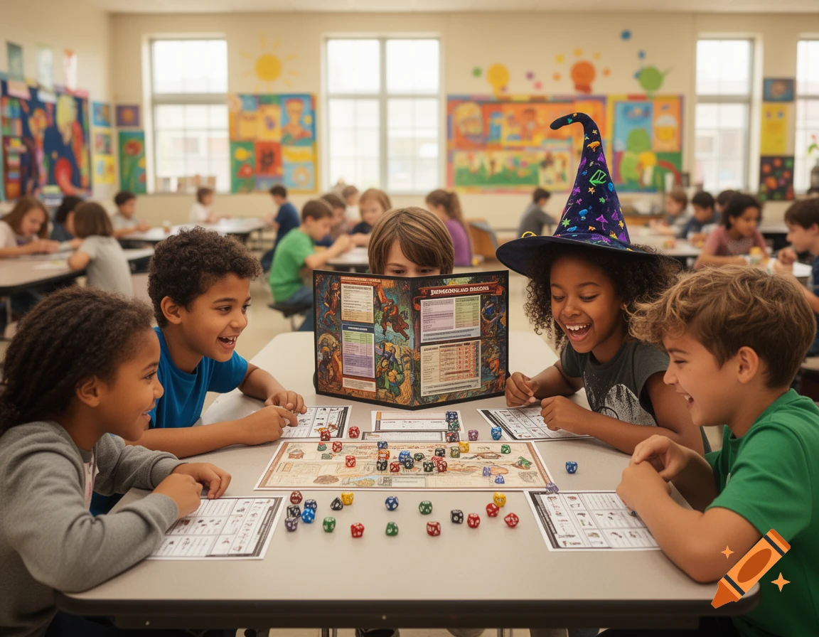 A diverse group of children playing Dungeons and Dragons around a table in a classroom, with one child behind a DM screen and another wearing a wizard hat.
