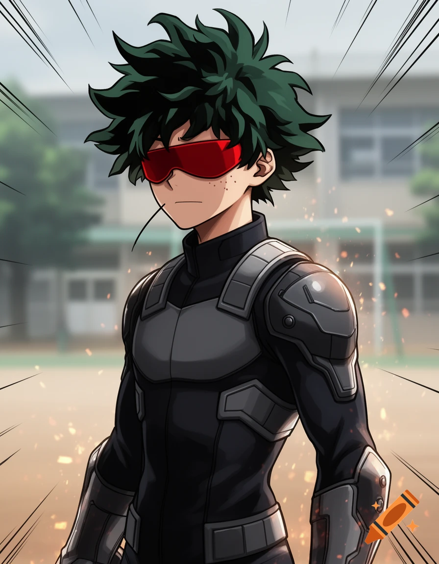 An anime boy with spiky dark green hair and red visor-like sunglasses, wearing a black and gray armored suit, stands against a blurred outdoor background.