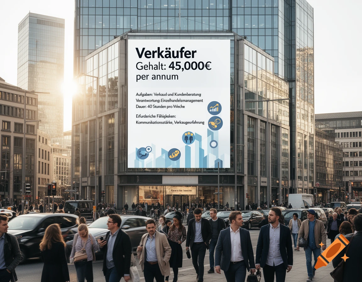 A busy city street with people walking, cars on the road, and tall modern buildings. A large billboard on a building advertises a salesperson job in German, displaying salary, tasks, and skills.