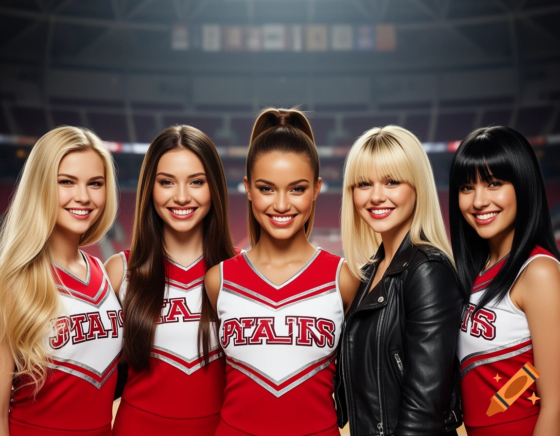 Five smiling young women in red and white cheerleader uniforms standing in a sports arena.